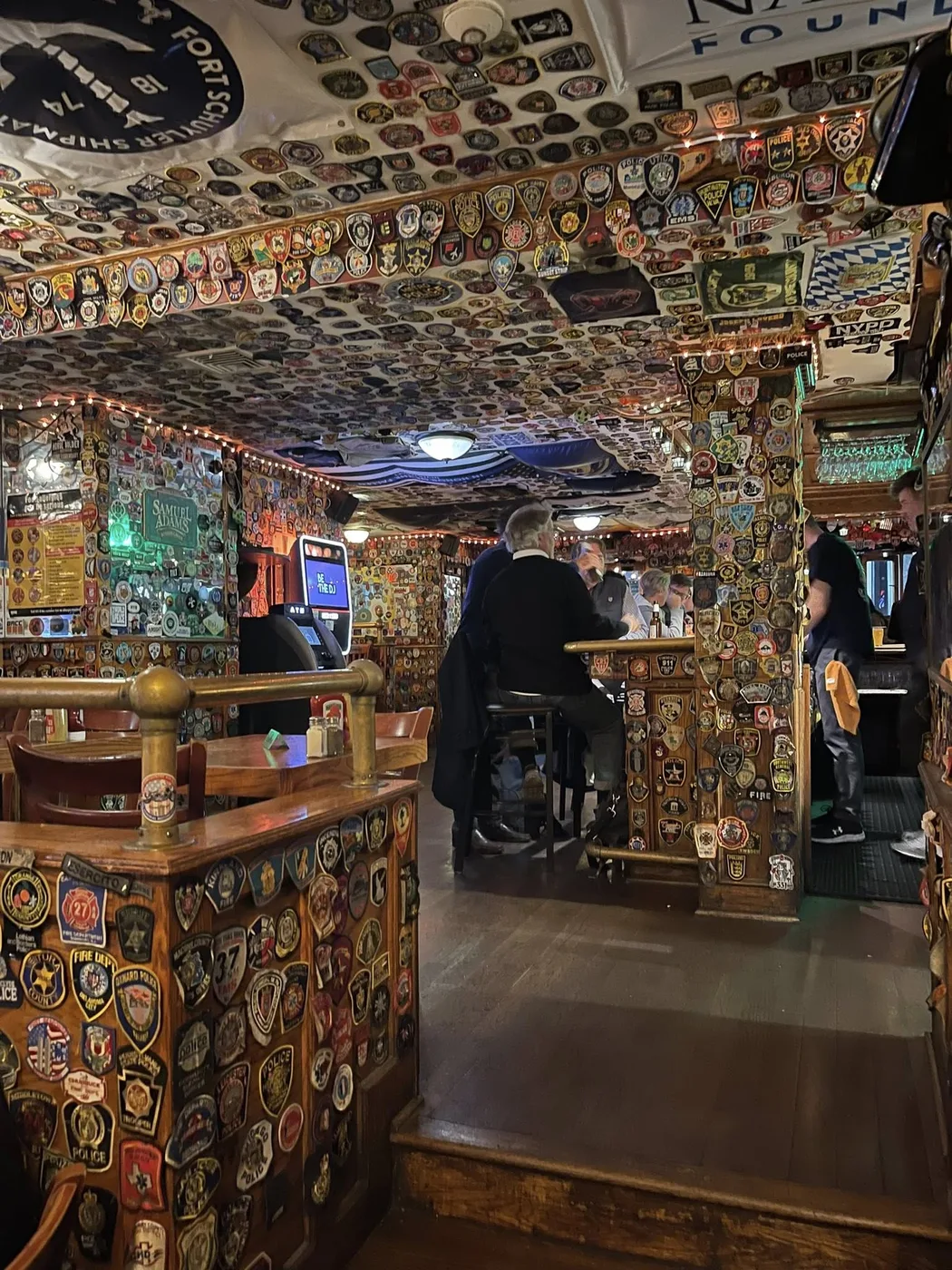 The patch-covered interior of O'Hara's Pub
