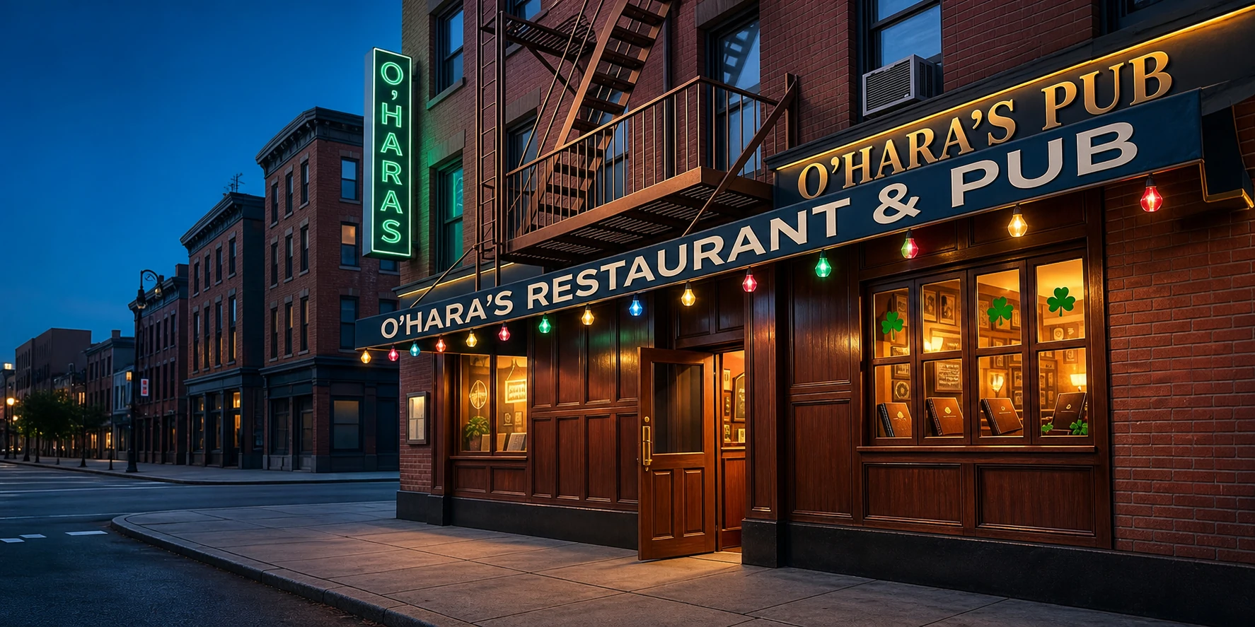 O'Hara's Pub exterior glowing warmly at blue hour in Lower Manhattan